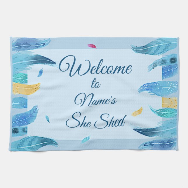 Add Name Edit Text She Shed Boho Blue Feathers     Tea Towel (Horizontal)