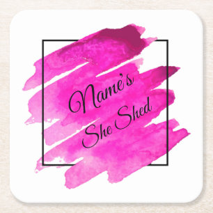 Add Name Edit Text She Shed Mauve Brush Stroke     Square Paper Coaster