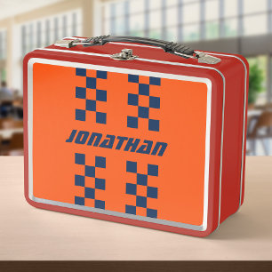 Add Name Editable Colors Double Checkered Stripes Metal Lunch Box