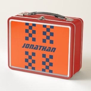 Add Name Editable Colours Double Chequered Stripes Metal Lunch Box