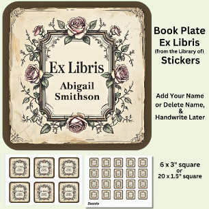 Add Name Ex Libris Vintage Book Square Sticker