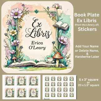 Add Name Ex Libris Watercolor Cottagecore Square Sticker