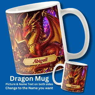 Add Name, Fantasy Dragon with Book & Coffee Mug
