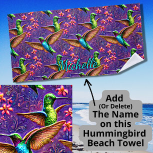 Add Name Fantasy Flight of Colourful Hummingbirds Beach Towel