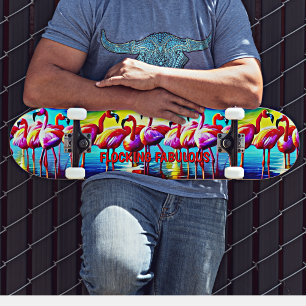 Add Name, Flocking Fabulous Flamingo Pink Red Skateboard