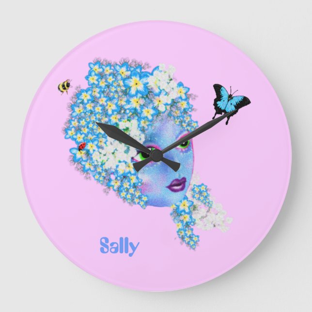 Add name Flower Fairy clock, girly pretty blue Large Clock (Front)
