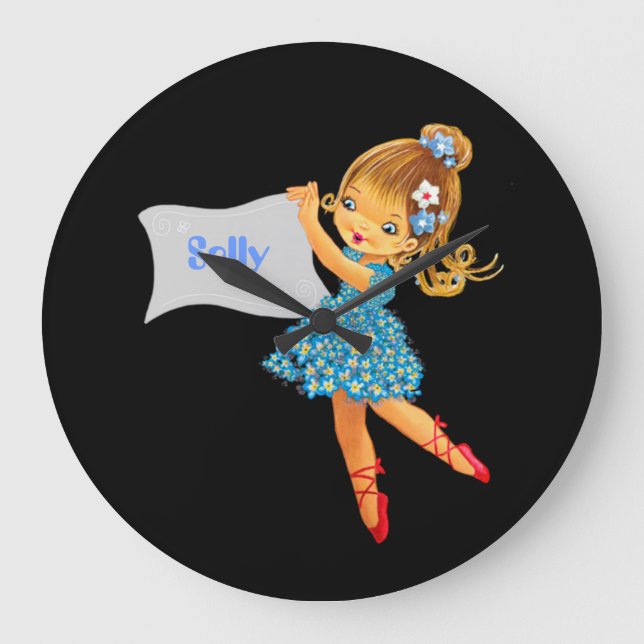 Add name Flower Fairy clock, girly pretty bluebulk Large Clock (Front)