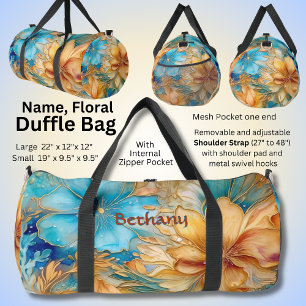 Add Name Flowers Aqua & Gold Floral Abstract Duffle Bag