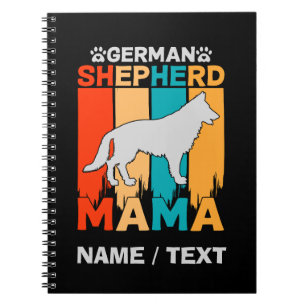 Add Name German Shepherd MAMA, Blue Brown on Black Notebook