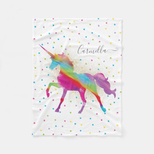 Add Name Gold Glitter Rainbow Unicorn Fleece Blanket Zazzle Co Uk
