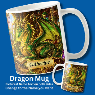 Add Name Gold Green Dragon with Book & Coffee Mug