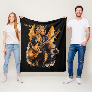 Add Name, Golden & Black Guitar Dragon Musician Fleece Blanket