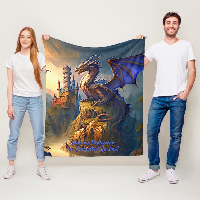 Add Name, Golden Blue Purple Dragon at Sunset Fleece Blanket (In Situ)