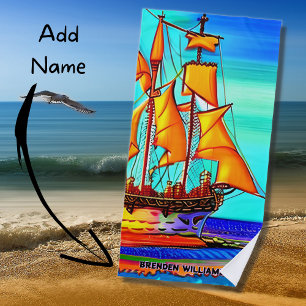 Add Name, Golden Sailing Ship Beach Towel
