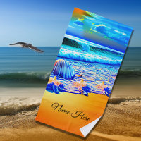 Add Name, Golden Sands Ocean Waves Sea Shells Blue