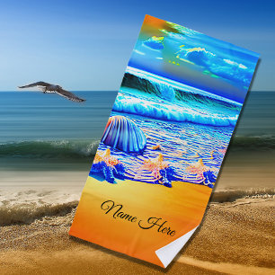 Add Name, Golden Sands Ocean Waves Sea Shells Blue Beach Towel
