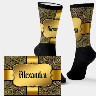 Add Name, Golden Shield on Gold Ribbon & Lace Look Socks