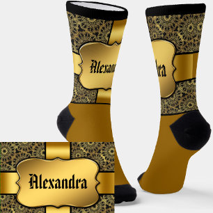 Add Name, Golden Shield on Gold Ribbon & Lace Look Socks