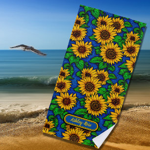Add Name Golden Sunflowers & Leaves on Dark Blue  Beach Towel