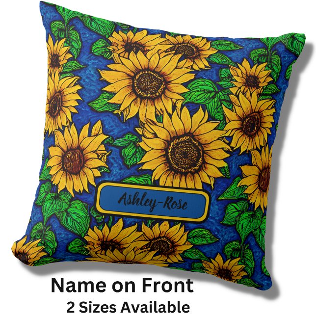 Add Name Golden Sunflowers & Leaves on Dark Blue  Cushion (Creator Uploaded)