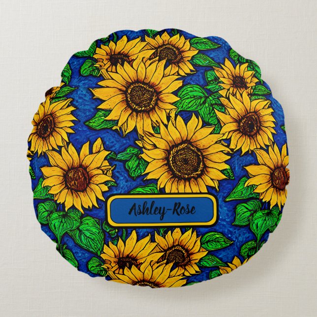 Add Name Golden Sunflowers & Leaves on Dark Blue   Round Cushion (Front)