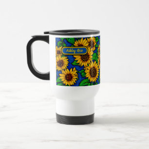 Add Name Golden Sunflowers & Leaves on Dark Blue  Travel Mug