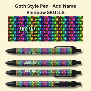 Add Name, Goth Gothic Rainbows Skulls on Black Black Ink Pen