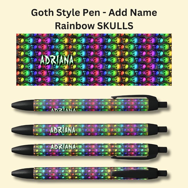 Add Name, Goth Gothic Rainbows Skulls on Black Black Ink Pen (Creator Uploaded)