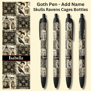Add Name, Goth Skulls  Ravens Cages Bottles  Black Black Ink Pen