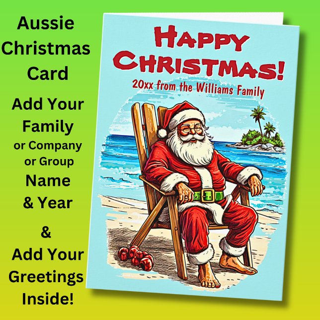 Add Name Greeting Text Santa on Beach Chair        Card (Creator Uploaded)