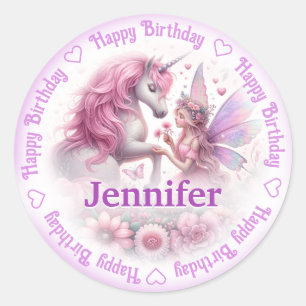 Add Name Happy Birthday Fairy & Unicorn Classic Round Sticker