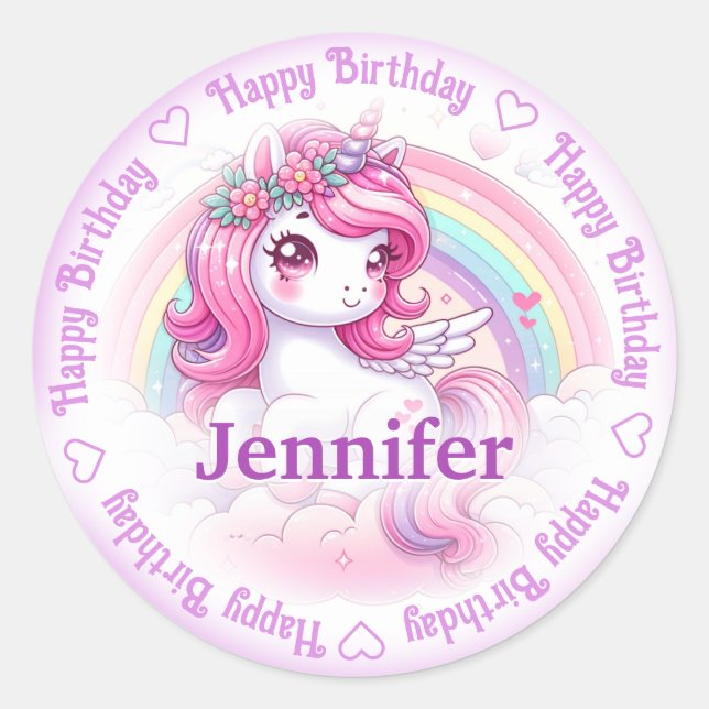Add Name Happy Birthday Unicorn Classic Round Sticker (Front)