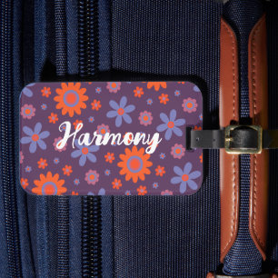 Add Name Happy Retro Flowers 70s Daisy Funny Cute Luggage Tag