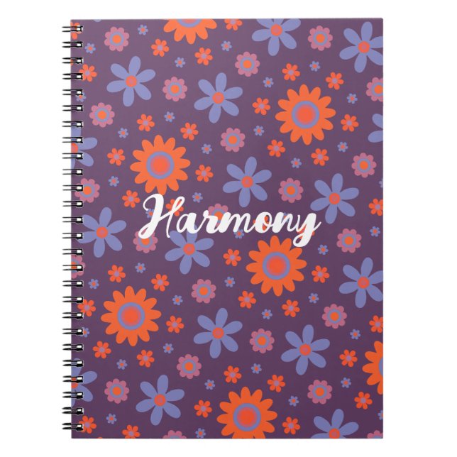 Add Name Happy Retro Flowers 70s Daisy Funny Cute Notebook (Front)