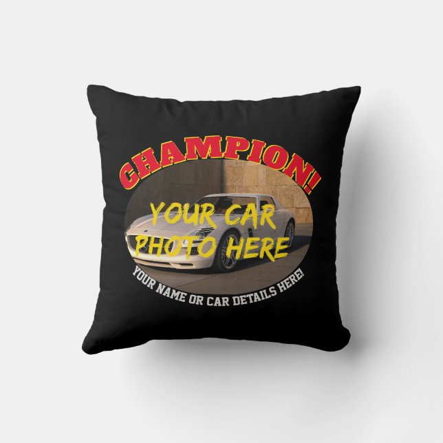 Add Name, His Car Photo, Text, Champion Motor Car  Cushion (Back)