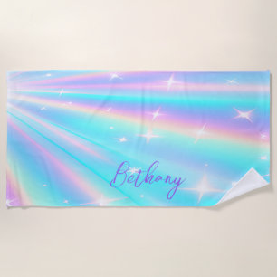 Add Name, Holographic Look Starburst Aqua Pink     Beach Towel