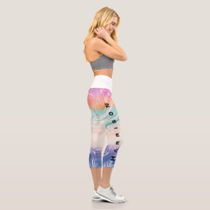 Add Name Holographic Starburst Aqua Pink High Capri Leggings