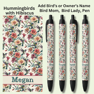 Add Name, Hummingbirds with Hibiscus Flowers Black Ink Pen