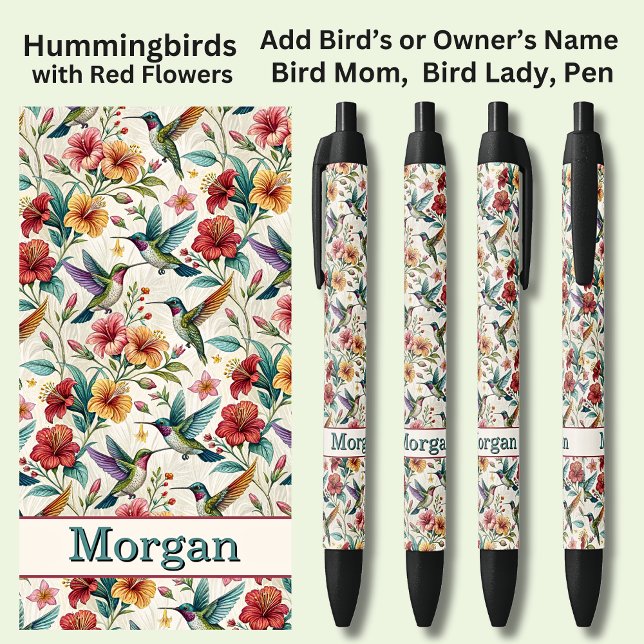 Add Name, Hummingbirds with Red Flowers Black Ink Pen (Creator Uploaded)
