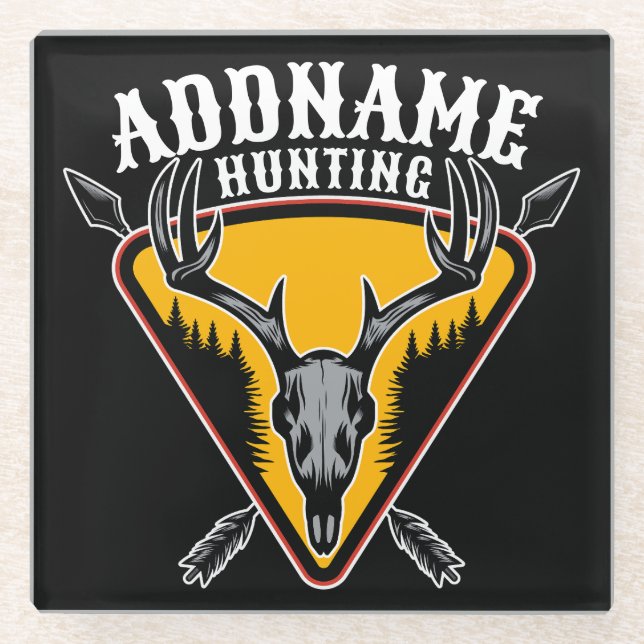 ADD NAME Hunter Elk Skull Big Antlers Deer Hunting Glass Coaster (Front)