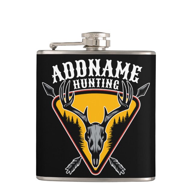 ADD NAME Hunter Elk Skull Big Antlers Deer Hunting Hip Flask (Front)
