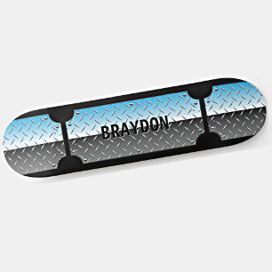 Add Name Initial, Silver Blue Shiny Metallic Look Skateboard