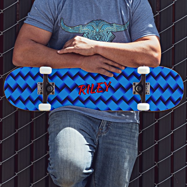 Add Name Initials, Blue Woven Hash Pattern Skatebo Skateboard (Creator Uploaded)