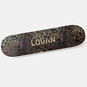 Add Name, Initials Brown Rusty Metal Look Gears Skateboard