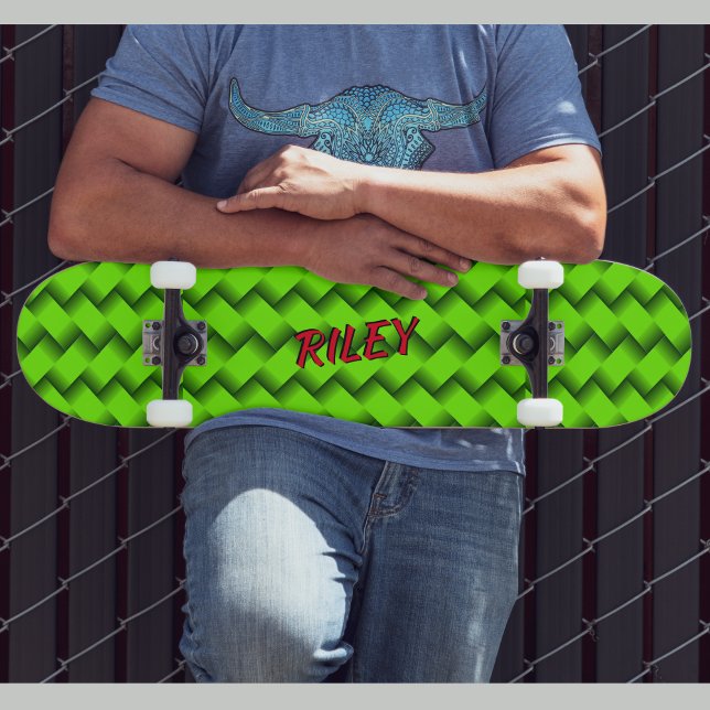 Add Name Initials, Green Woven Hash Pattern Skateb Skateboard (Creator Uploaded)