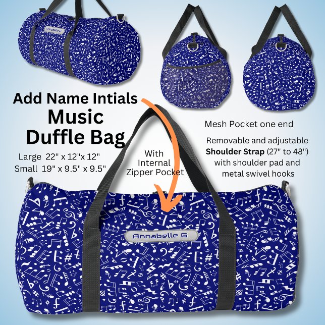 Add Name, Initials, Music Notes on Blue Duffle Bag (Creator Uploaded)