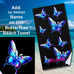 Add Name, Iridescent Blue Butterflies on Black Beach Towel