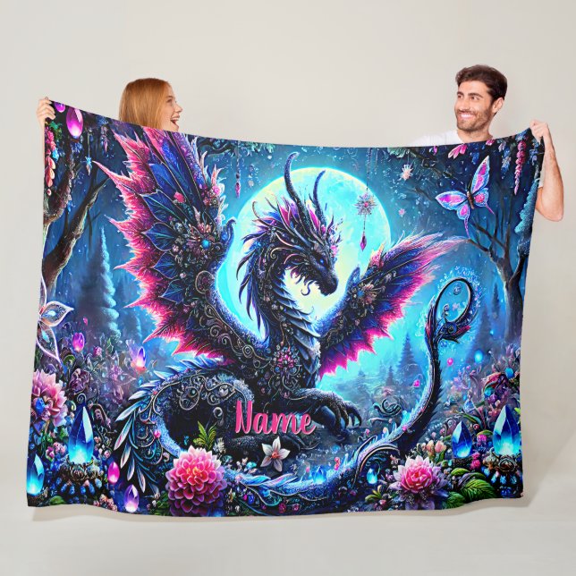 Add Name, Jewelled Pink Aqua Blue Fantasy Dragon   Fleece Blanket (In Situ)