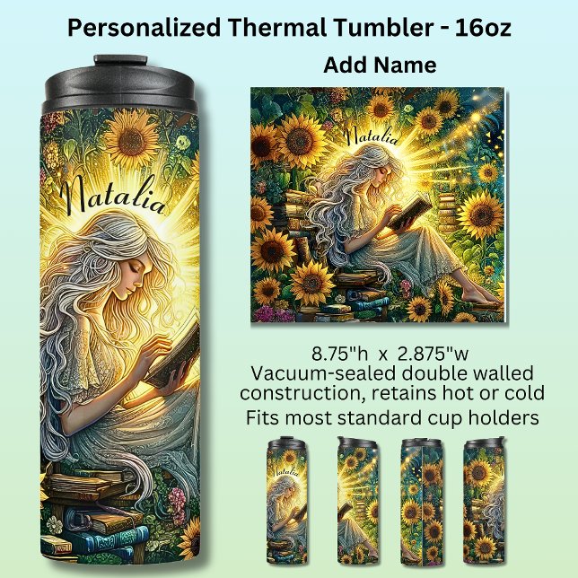 Add Name, Lady Reading in Glow with Sunflowers  Thermal Tumbler (Creator Uploaded)