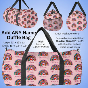 Add Name, Leopard Boho Rainbow Pink Hearts Duffle Bag